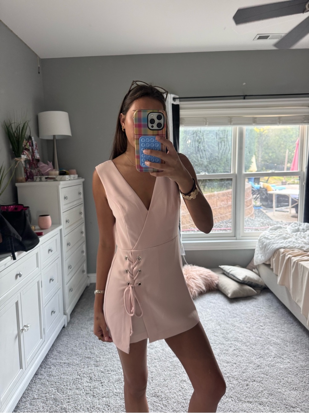 BCBGeneration Pale Pink V-Neck Lace-Up Mini romper